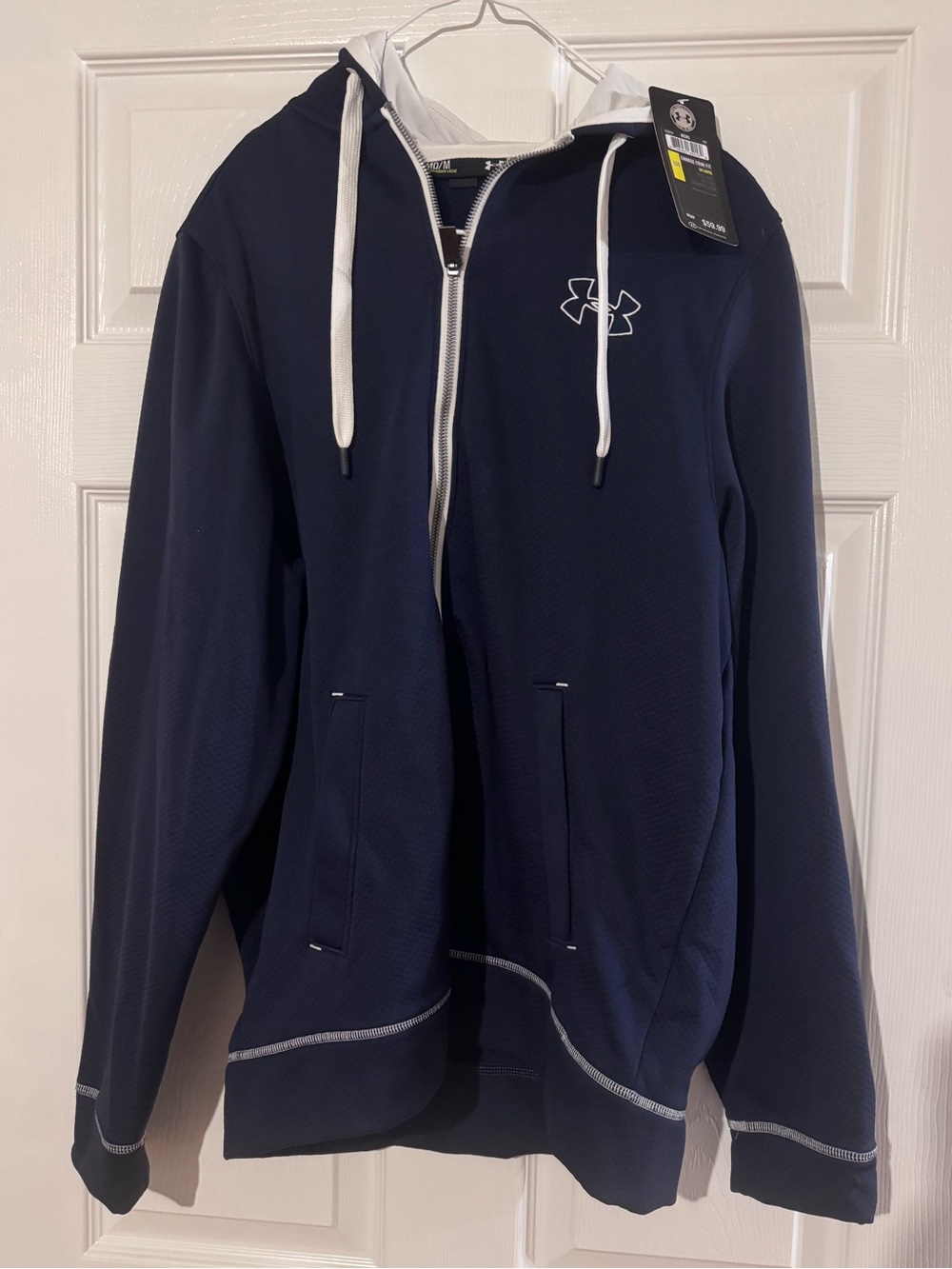 Under Armour Navy Blue Full-Zip Performance Hoodie with White Trim
